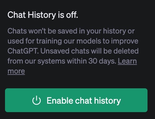 ChatGPT privacy settings: Turning on data collection.