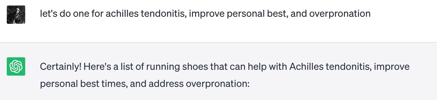 Another example of changing the search parameters for running shoes inside ChatGPT.