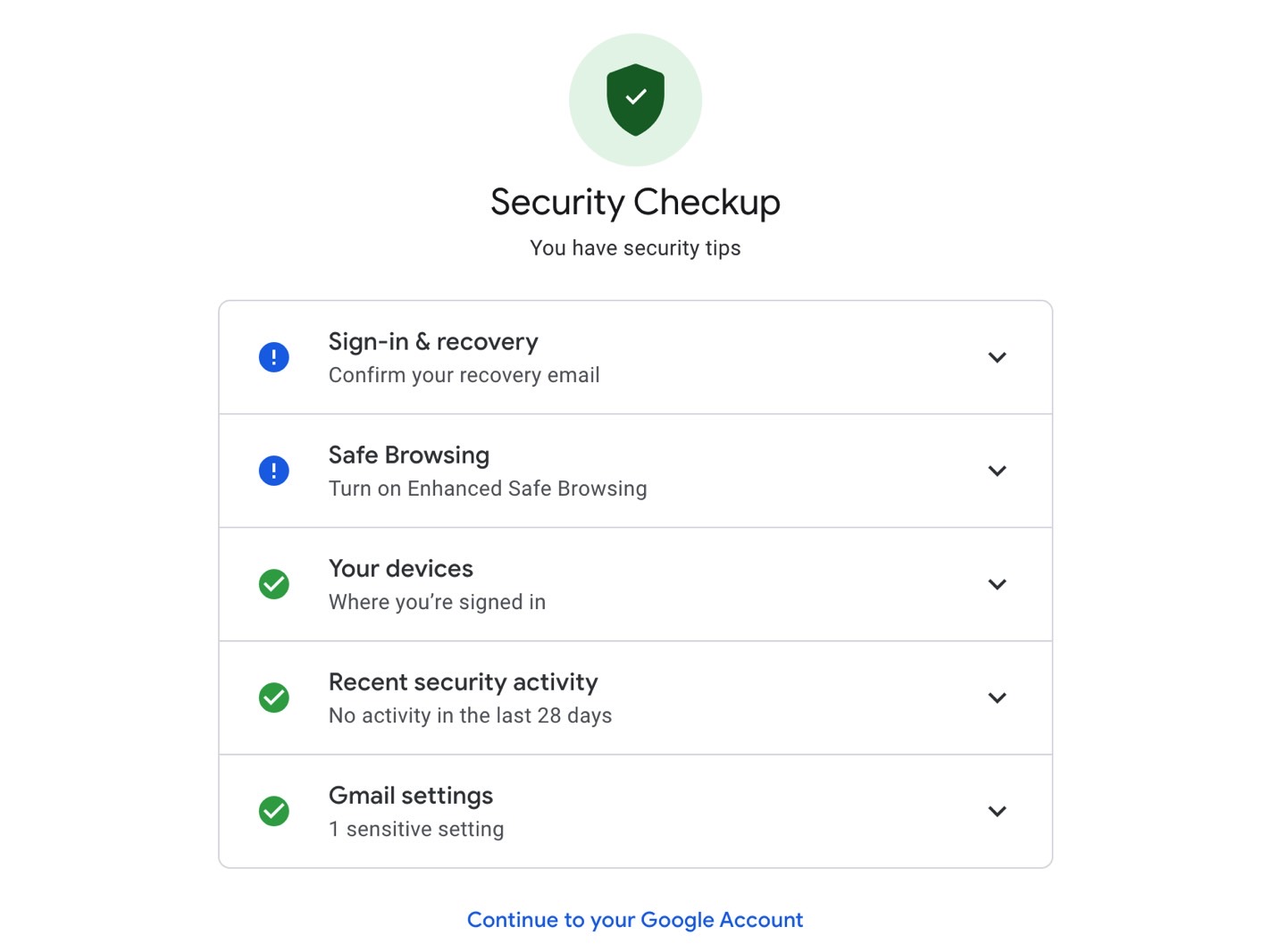 Menú Comprobación de seguridad de la cuenta de Google.