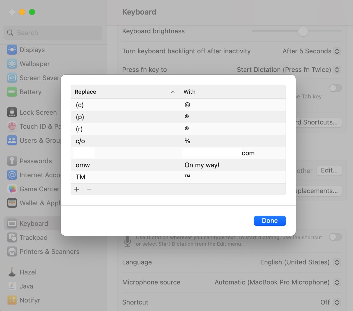 La Même Liste De Raccourcis De Remplacement De Texte Dans Les Paramètres Du Clavier Du Mac - Le Texte Expurgé &Quot;.Com&Quot; Raccourci Est Une Adresse E-Mail.