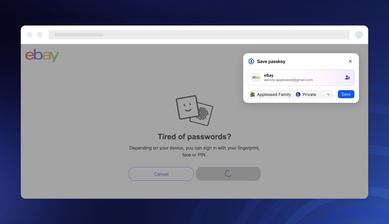 Using 1Password's passkeys feature to log into eBay.