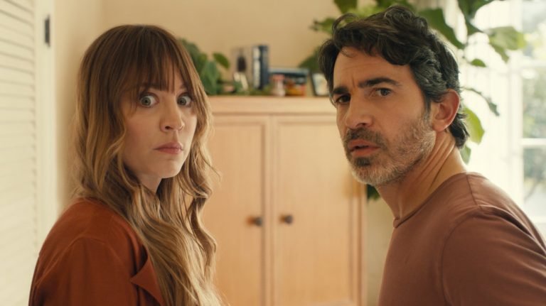 Kaley Cuoco as Ava, Chris Messina as Nathan in Based on a True Story.