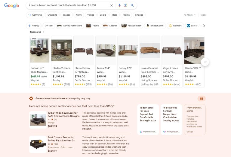 Google Search AI tries to help me buy a couch.
