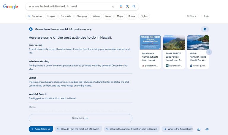 Google Search AI suggests activities in Hawaii.