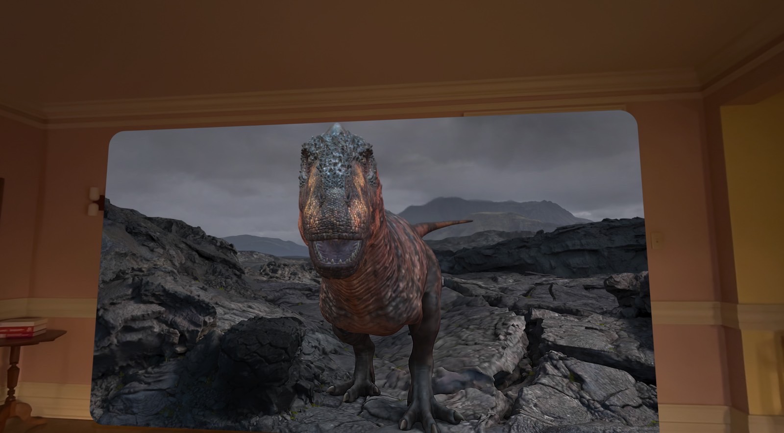 A dinosaur walking into the living room of a person using the Vision Pro headset.