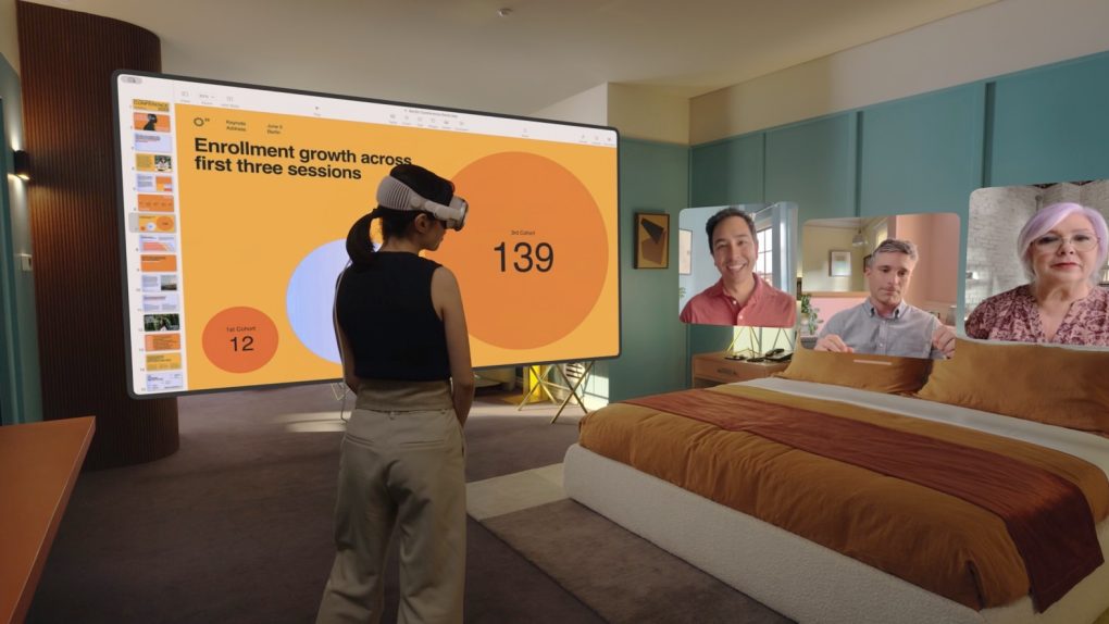 A person using Vision Pro while walking around in a room.