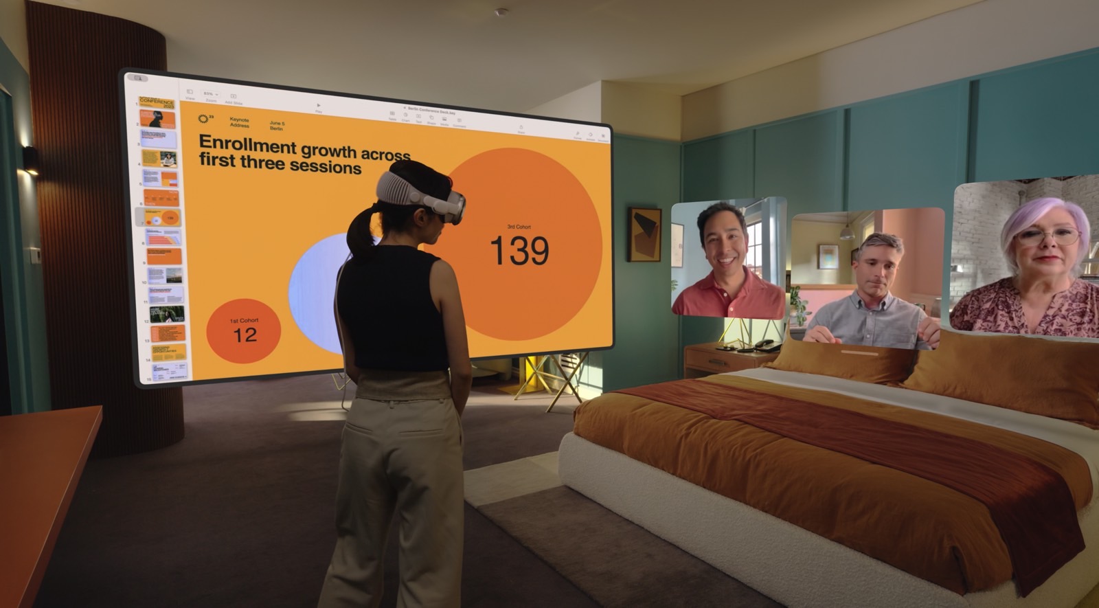 A person using Vision Pro while walking around in a room.