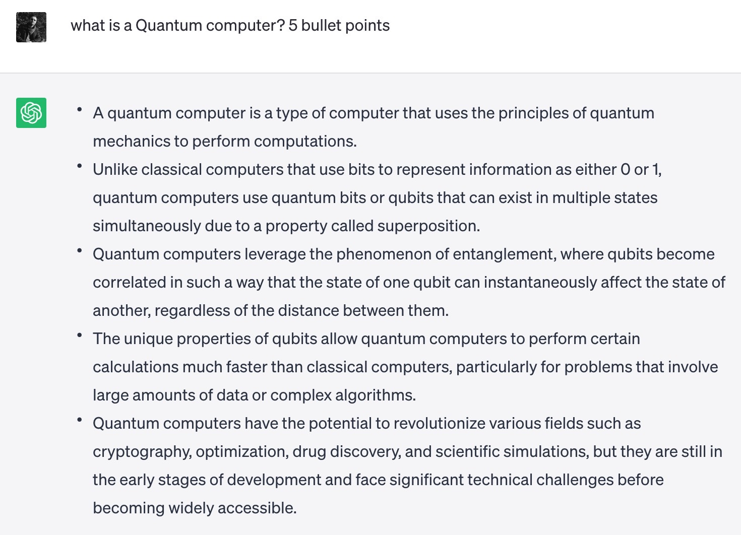 First Capital Letter Test: I asked ChatGPT "what is a Quantum computer? 5 bullet points."