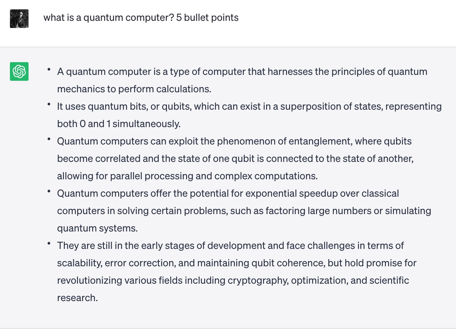 Second Capital Letter Test: I asked ChatGPT "what is a quantum computer? 5 bullet points."