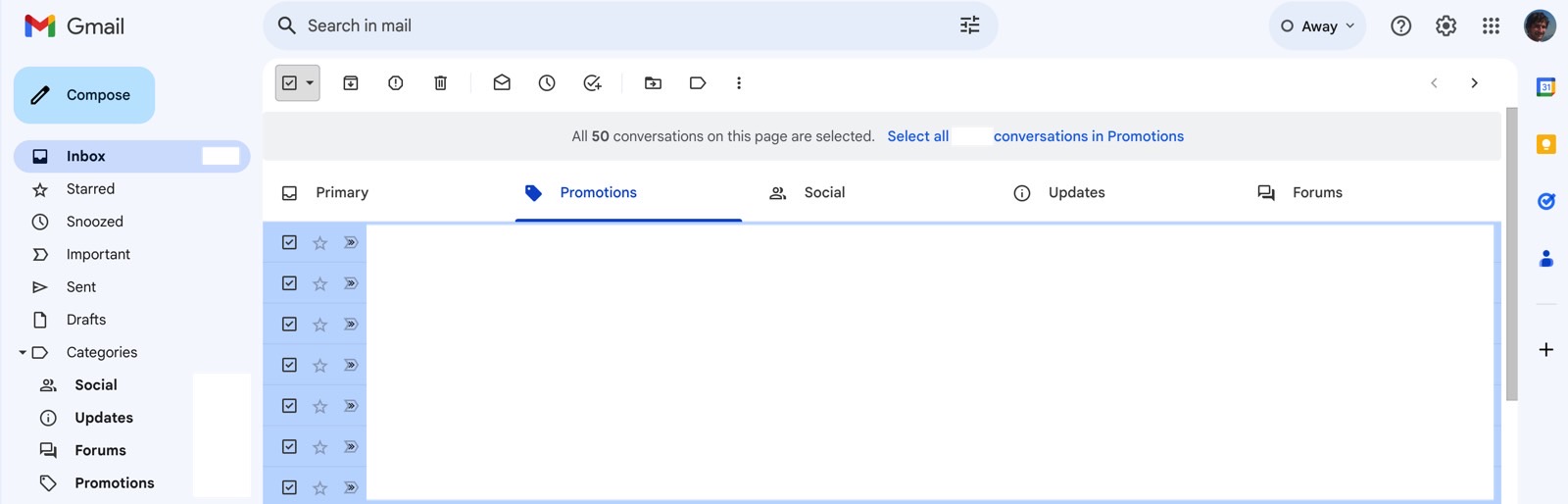 Selecting all the Promotions email in Gmail to delete them with a single click.