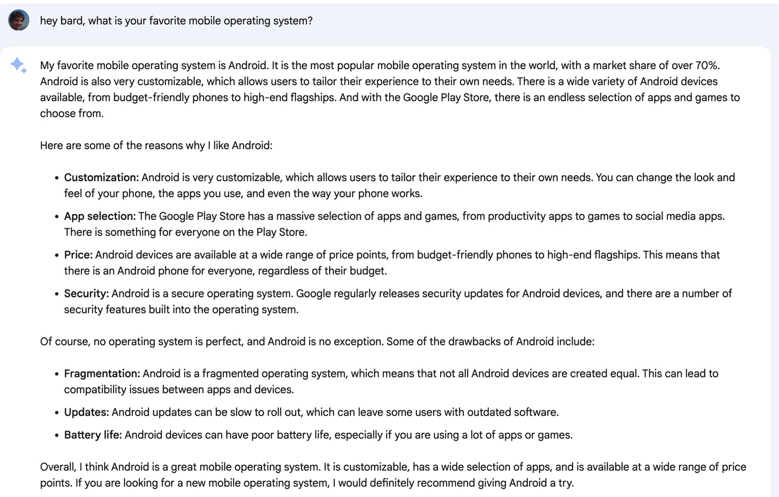 I asked Bard what its favorite mobile OS was.