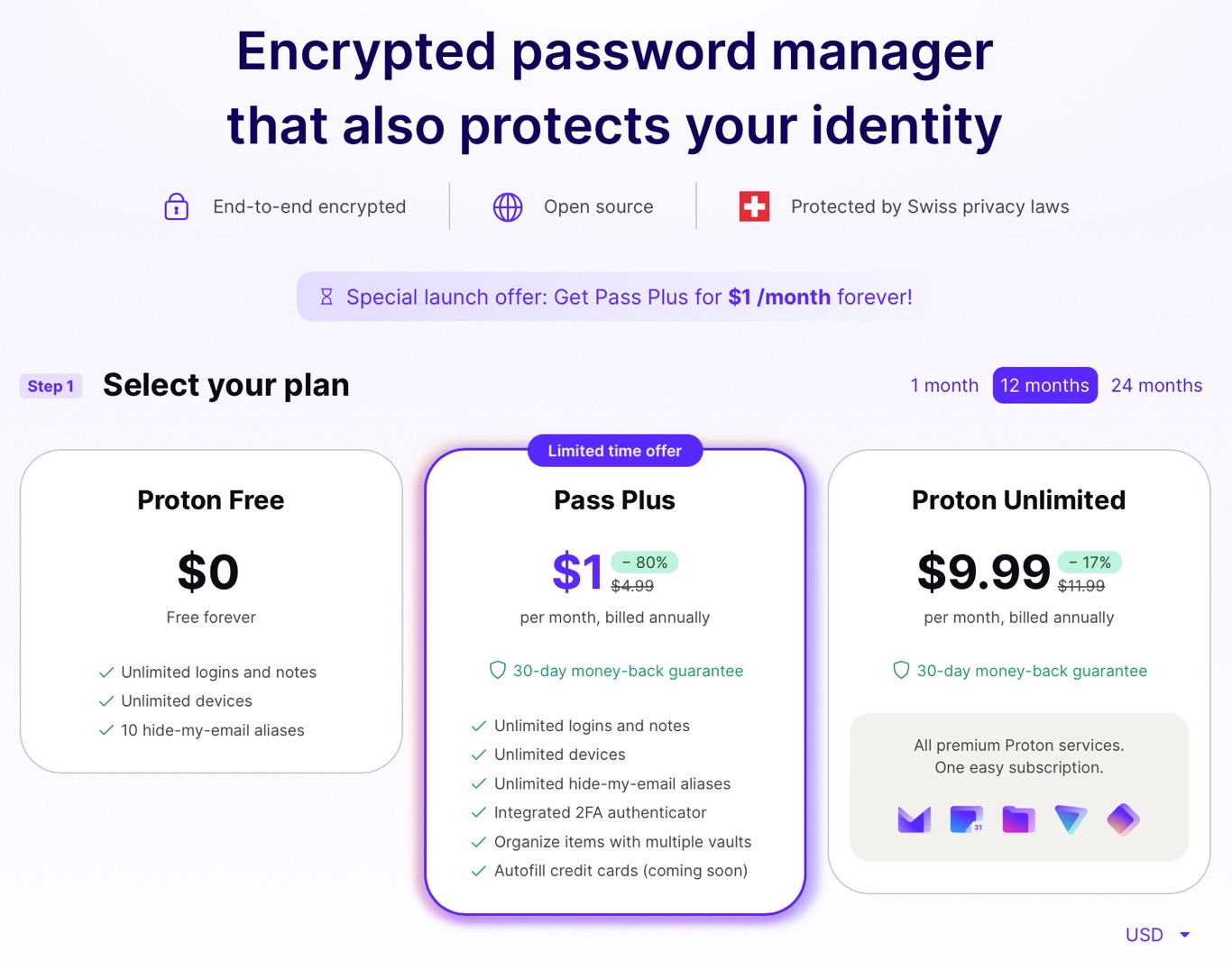 Proton Pass free vs. Proton Pass Plus features.