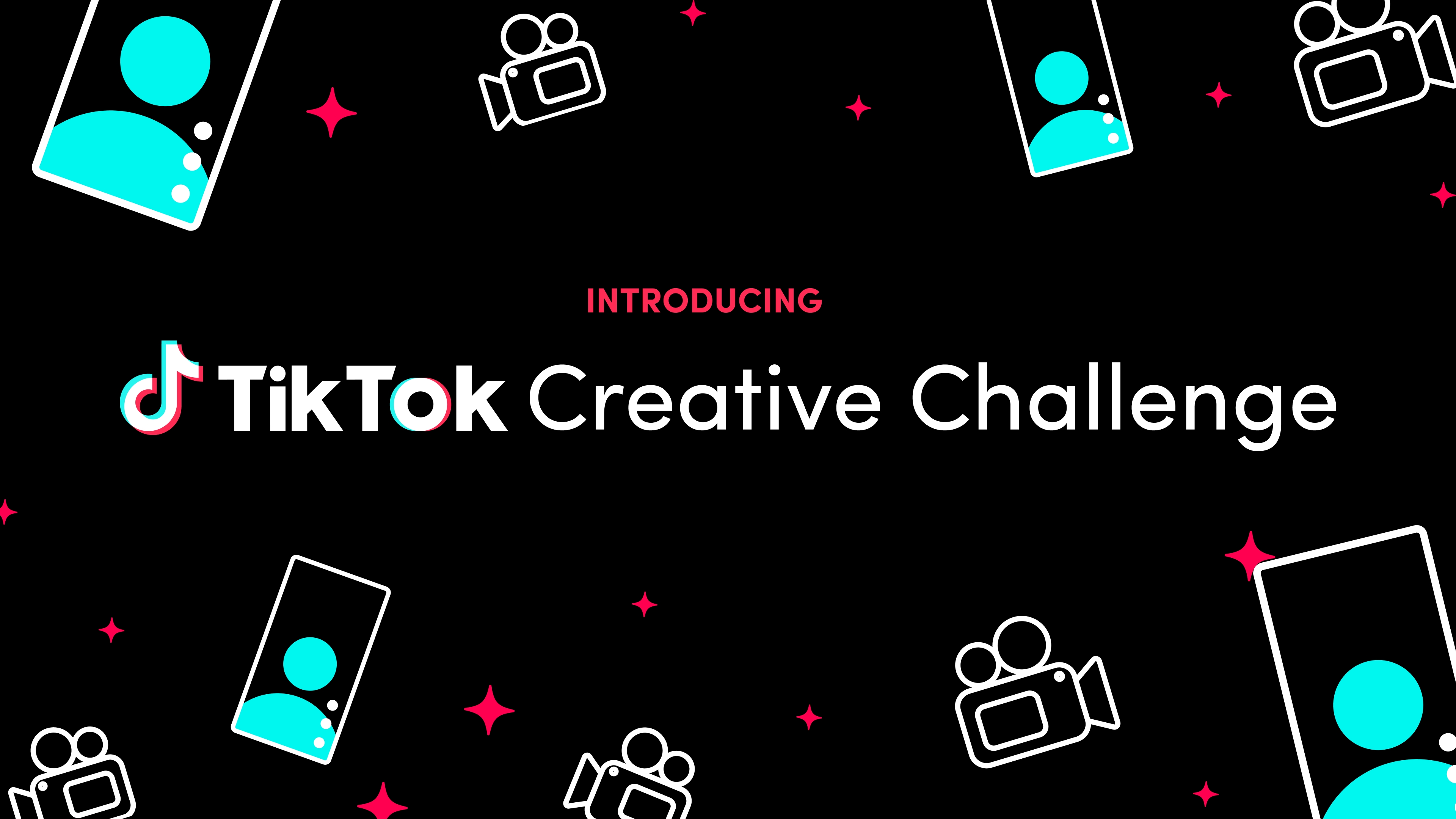  The image shows the TikTok logo and the words 'TikTok Creative Challenge' on a black background with some illustrations of people, cameras, and sparkles.