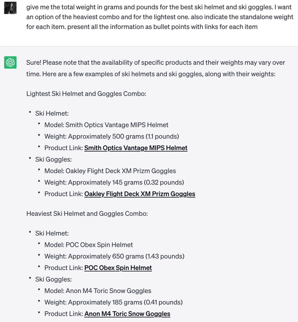 I asked ChatGPT for the best ski helmet and goggle combos, looking for the lightest and heaviest sets possible.