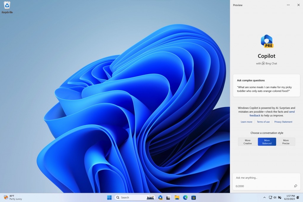 Windows Copilot available in Windows 11 beta release.