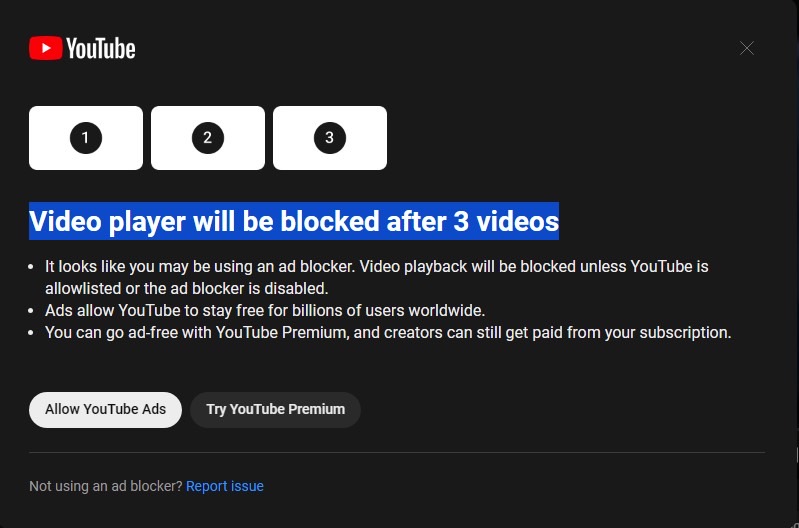 YouTube prompt telling a user video playback will be blocked because of ad blocker use.