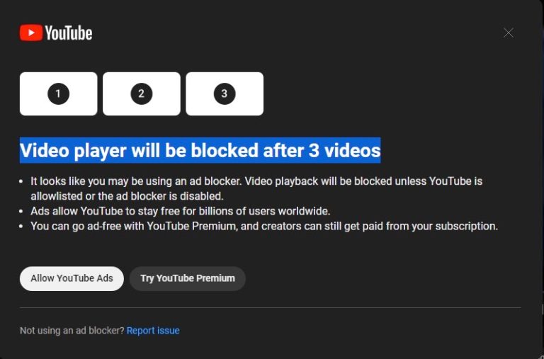 YouTube prompt telling a user video playback will be blocked because of ad blocker use.