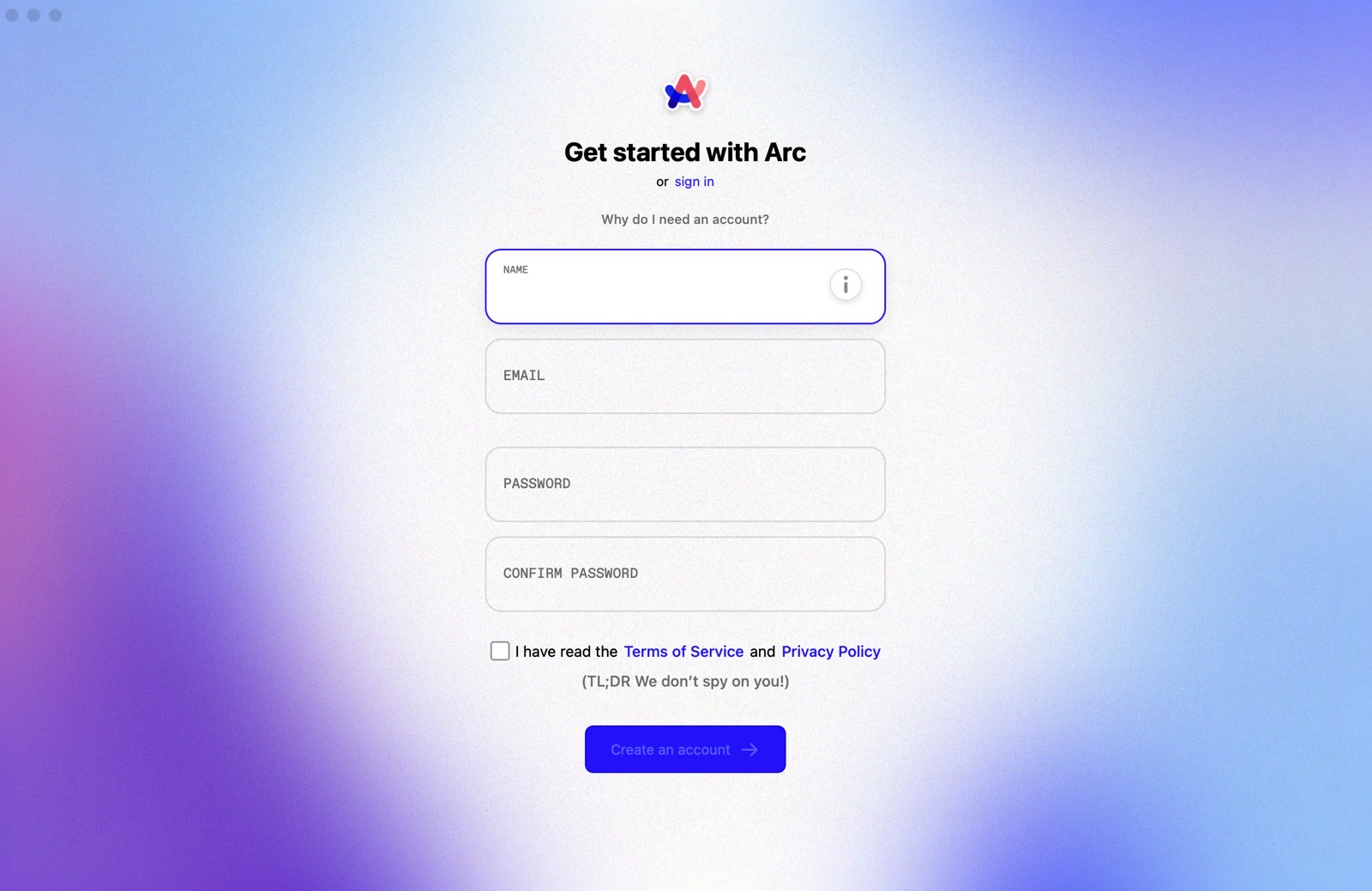 Don't have an Arc account? You can create one before you use the browser.