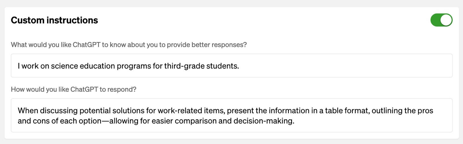 Setting custom instructions in ChatGPT Plus.