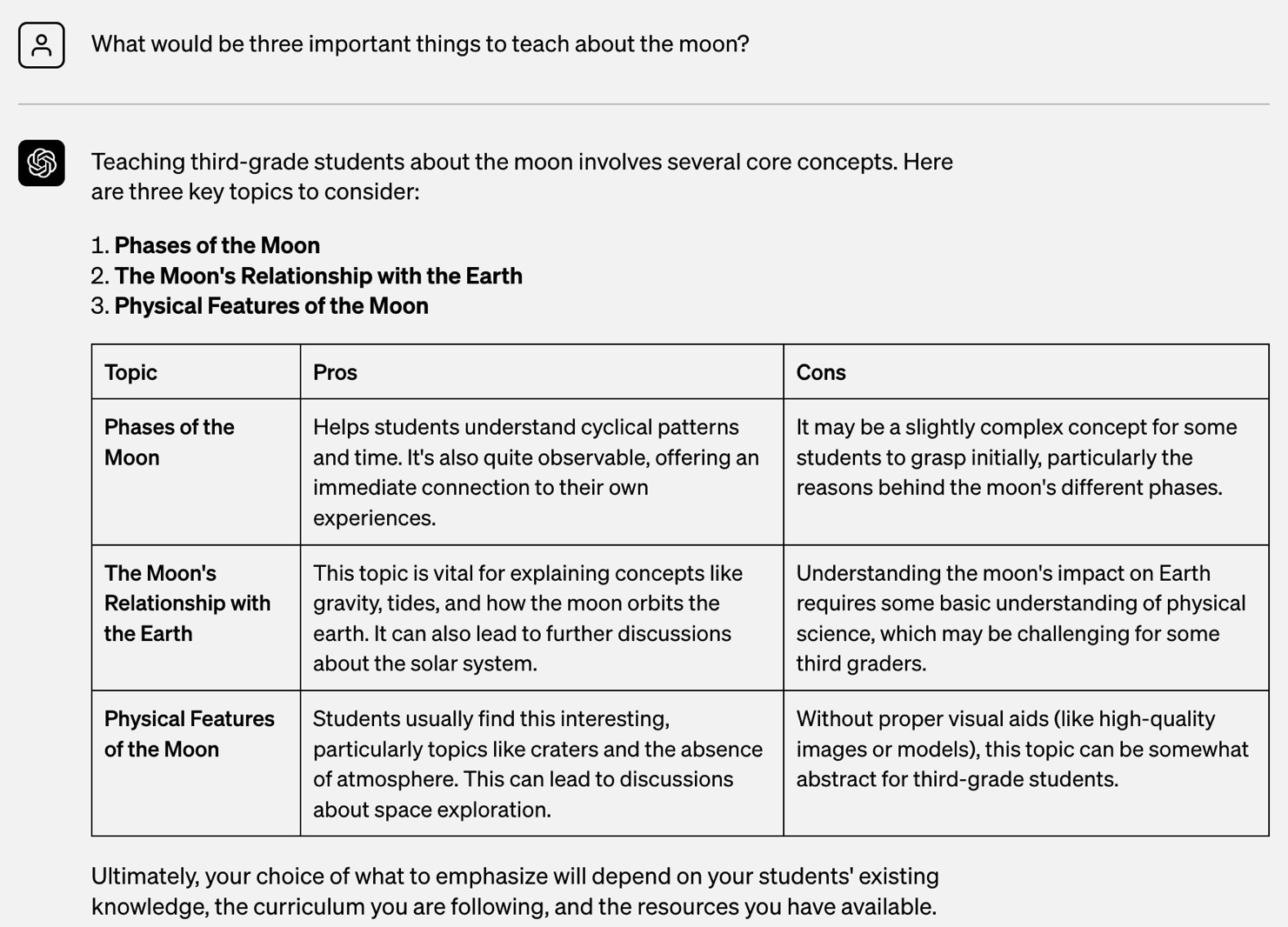 ChatGPT remembers it's talking to a 3rd grade teacher when answering a simple prompt.