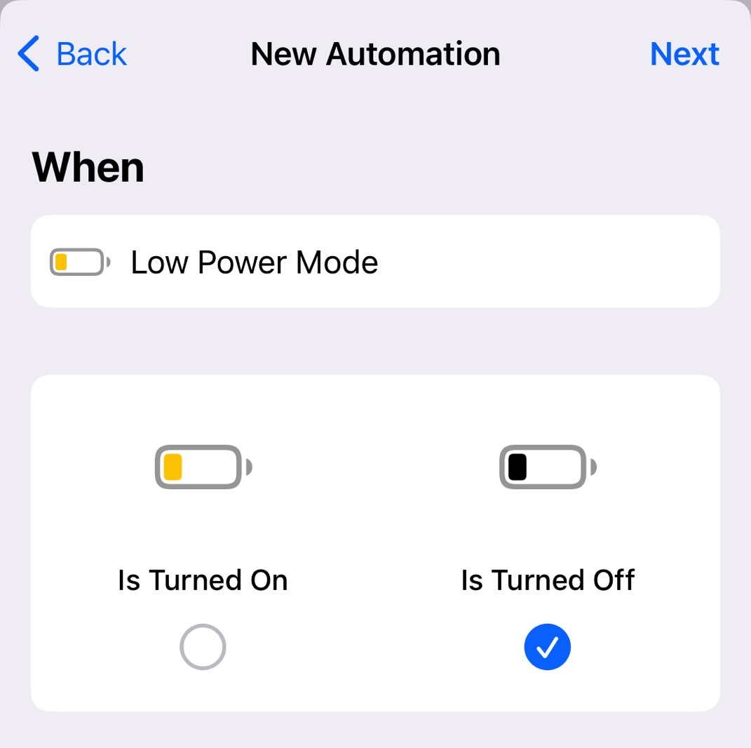 Creating a new automation on iPhone for Low Power Mode.