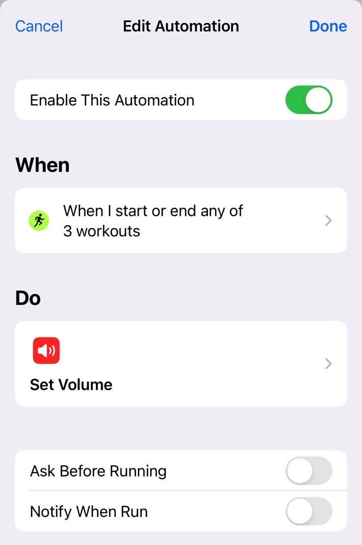 iPhone volume automation for Workouds.