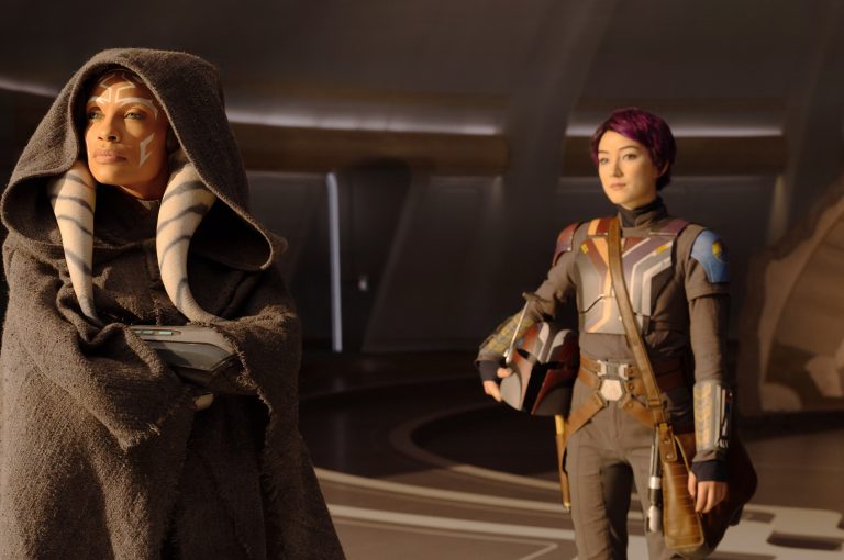 (L-R): Ahsoka Tano (Rosario Dawson) and Sabine Wren (Natasha Liu Bordizzo) in Lucasfilm's AHSOKA, exclusively on Disney+.