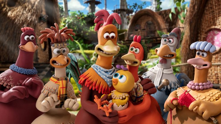 Bunty (Imelda Staunton), Mac (Lynn Ferguson), Rocky (Zachary Levi), Molly (Bella Ramsey), Ginger (Thandiwe Newton), Fowler (David Bradley), and Babs (Jane Horrocks) in Chicken Run: Dawn of the Nugget.