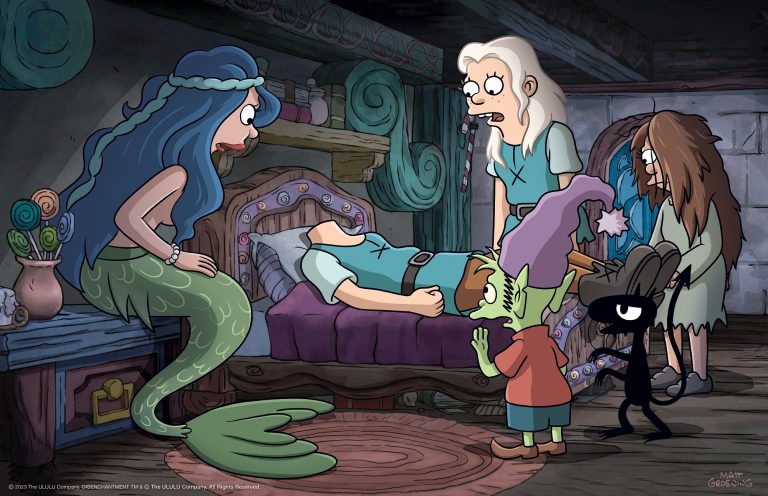 Meredith Hagner as Mora, Abbi Jacobson as Bean, Nat Faxon as Elfo, Eric Andre as Luci, and Lauren Tom as Miri in Disenchantment: Part 5.