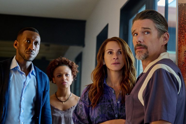 Mahershela Ali as G.H., Myha’la Herrold as Ruth, Julia Roberts as Amanda and Ethan Hawke as Clay.