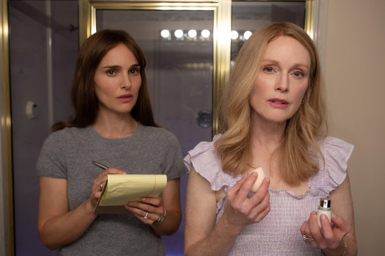 Natalie Portman as Elizabeth Berry and Julianne Moore as Gracie Atherton-Yoo in May December.