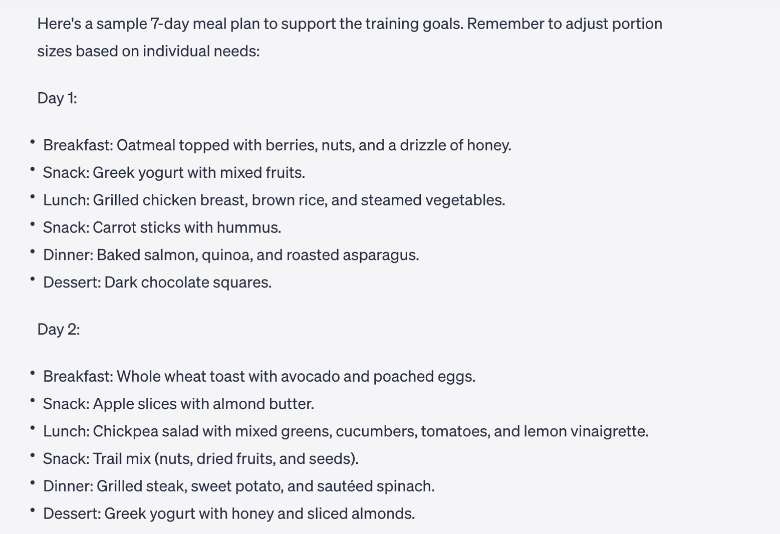 ChatGPT's meal plan for the half-marathon training program.