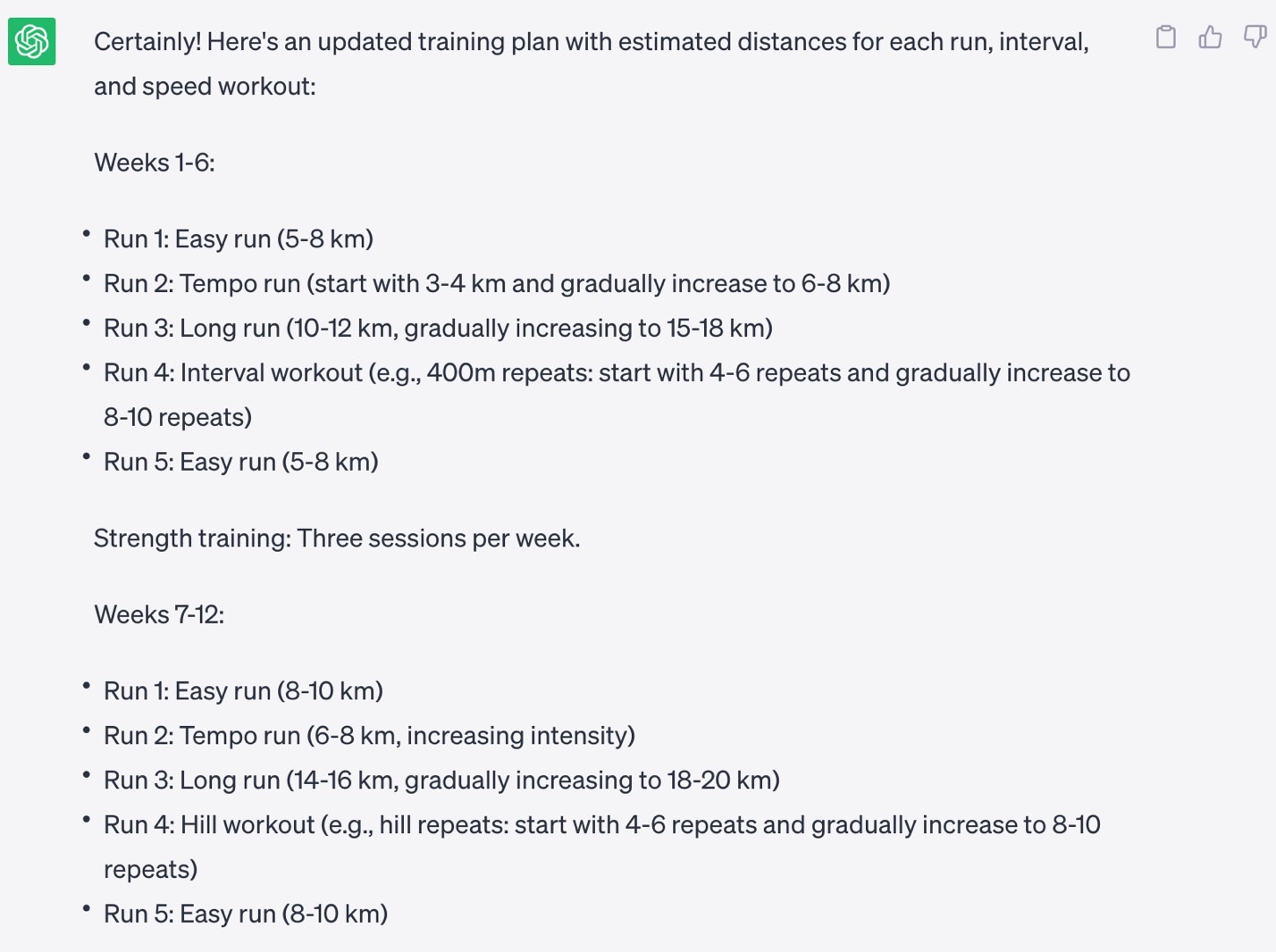 An updated ChatGPT reply includes the details I needed from the running/training plan.