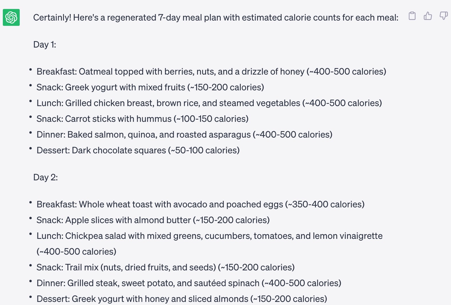 A regenerated ChatGPT response includes calorie counts for the meal plan.