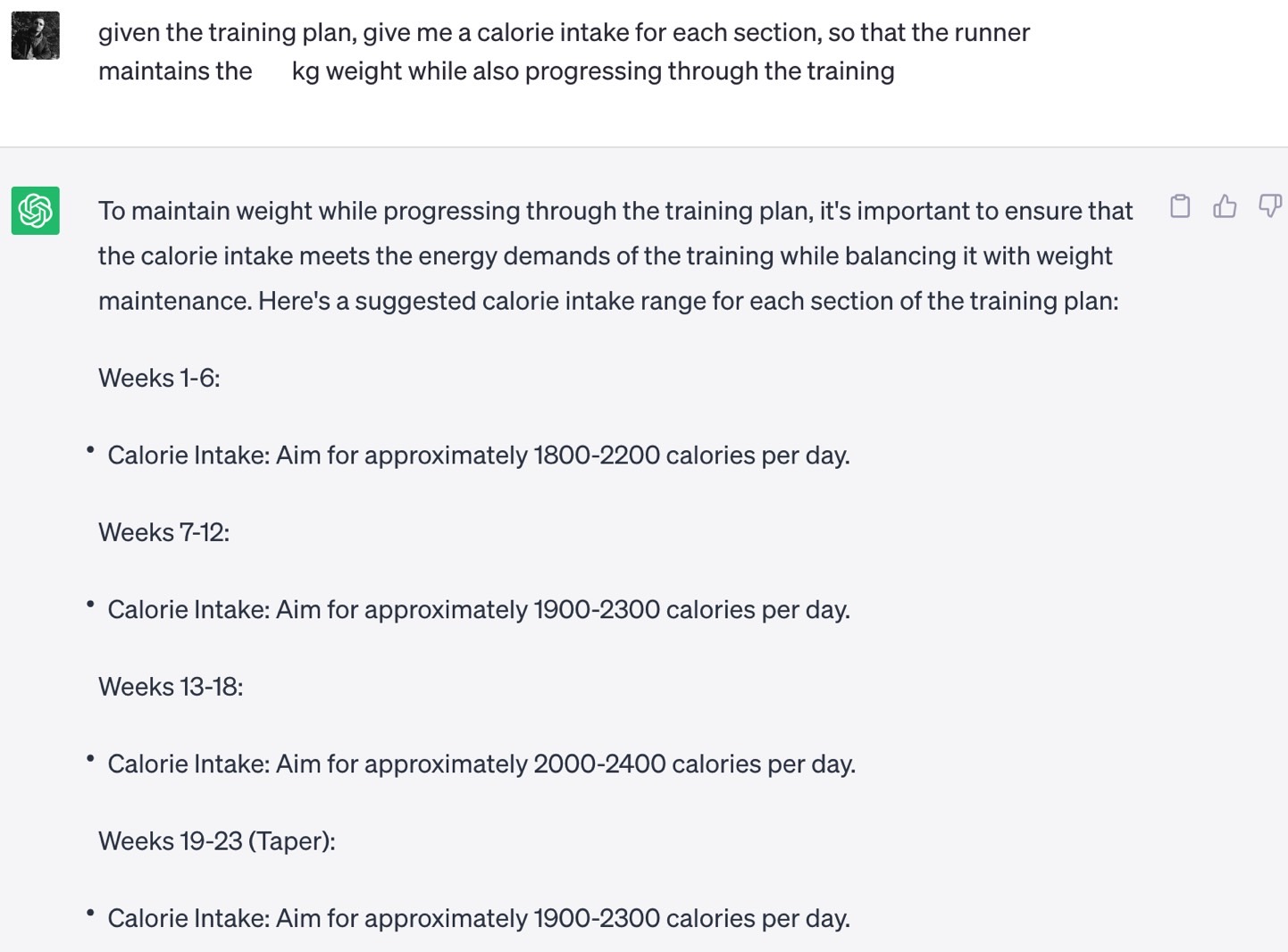 The calorie intake variance for each section of the ChatGPT half-marathon running plan.