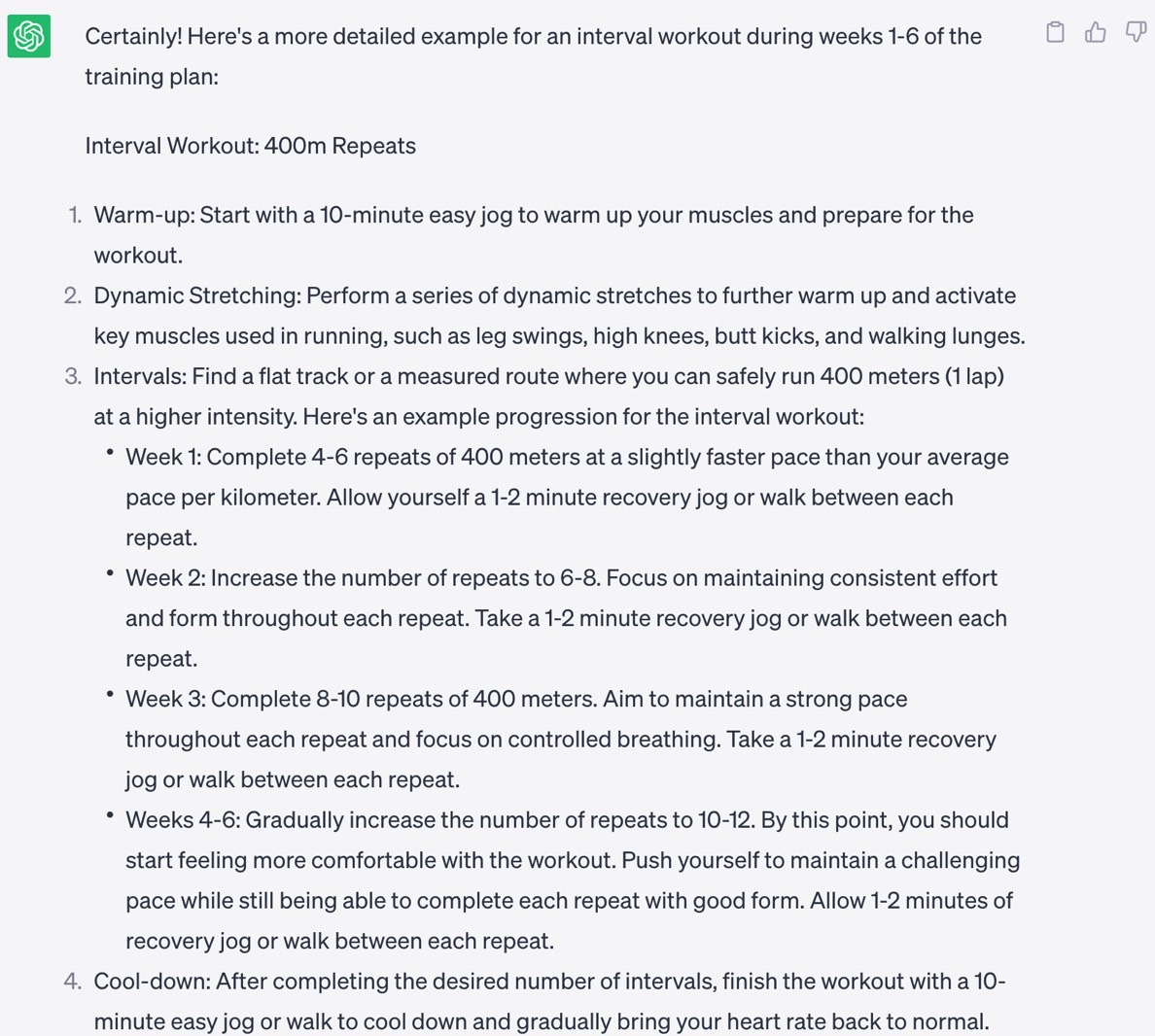 ChatGPT describing the interval workout routine in greater detail.