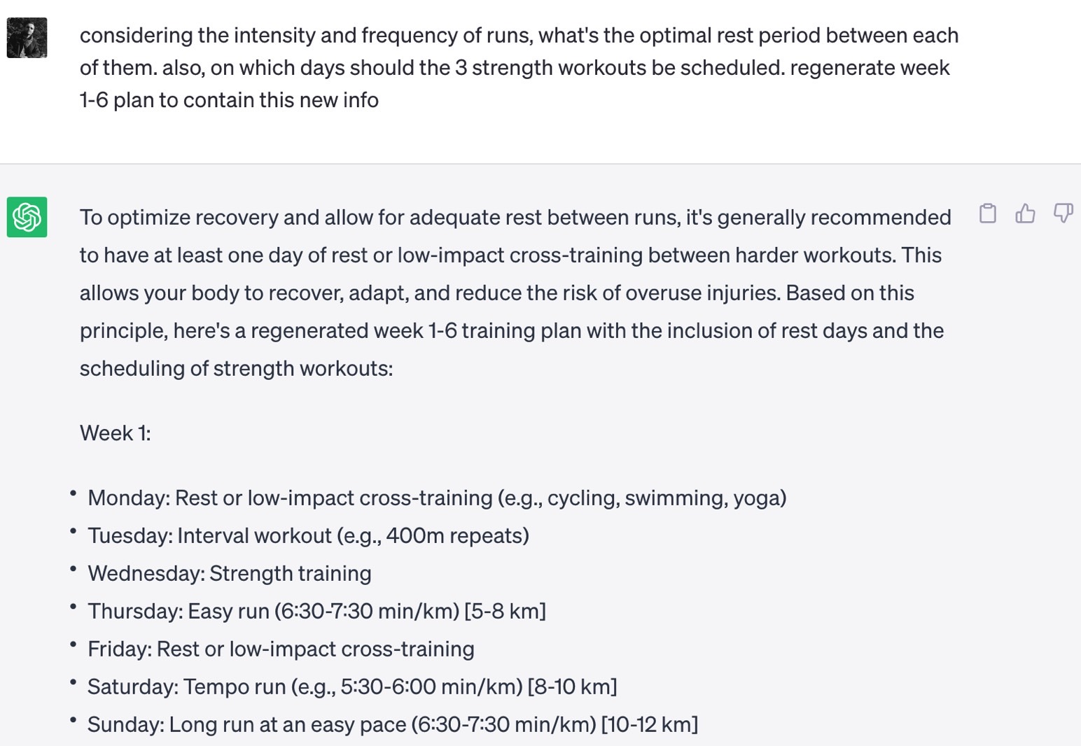 ChatGPT adapted the half-marathon training regimen to improve rest periods.