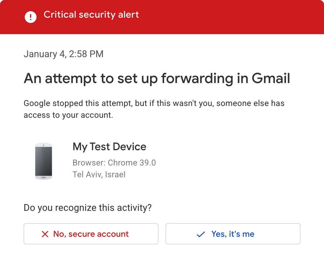 An example of a critical security alert warning for Gmail.