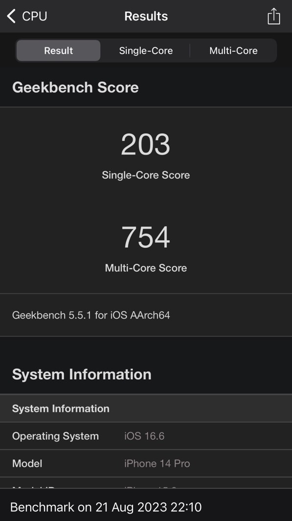 What on earth!?? My iPhone 14 Pro's Geekbench 5 scores while throttled, some nine hours after the overheating incident.