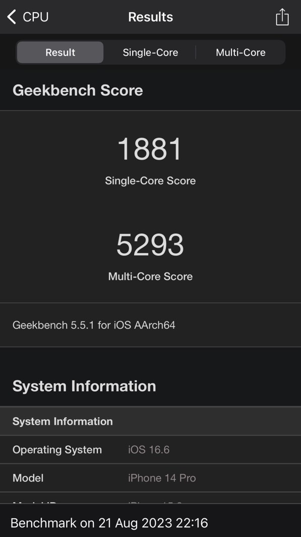 All is well after a restart: Normal iPhone 14 Pro benchmark indicates normal performance.