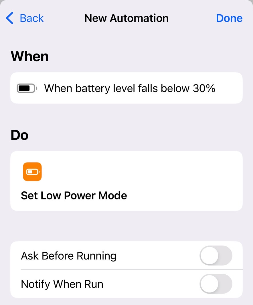 The full automation: iPhone will enable Low Power Mode when battery charge reaches 30%.