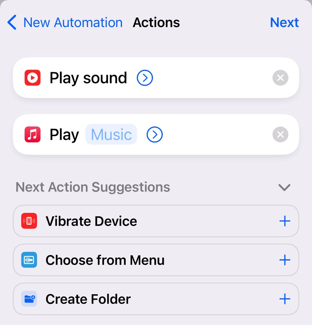 Choose Play sound and/or Play Music as a desired action.