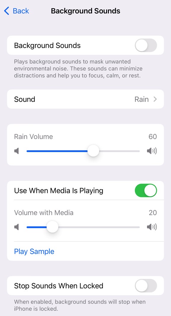 The iPhone's "white noise" sounds are hidden in the Accessibility menu.
