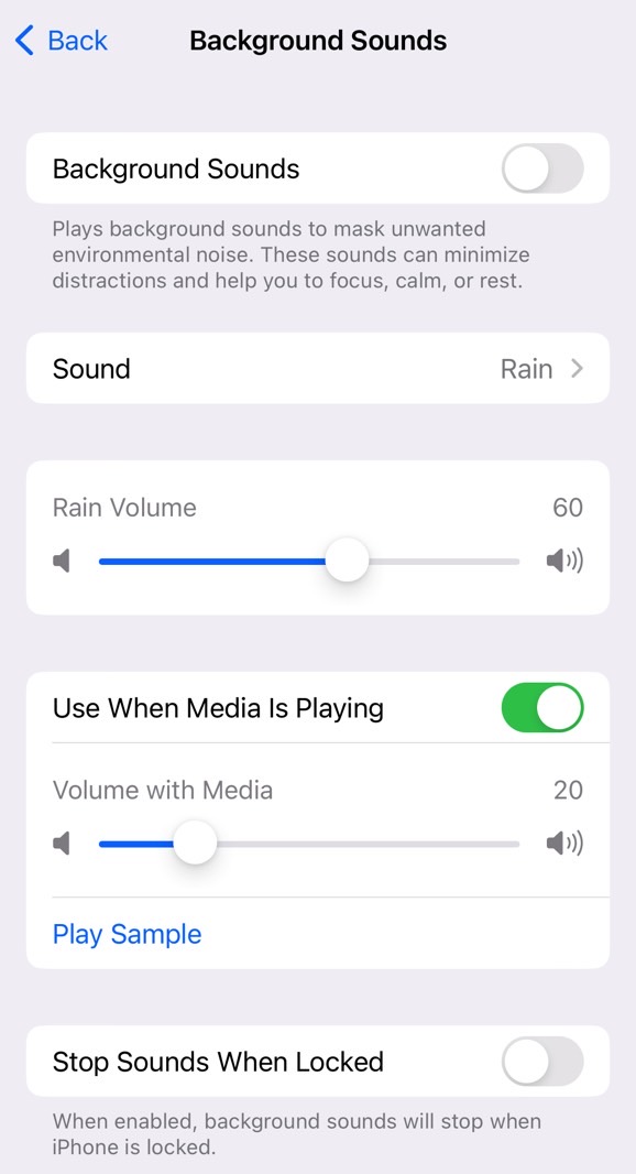 The iPhone's "white noise" sounds are hidden in the Accessibility menu. 