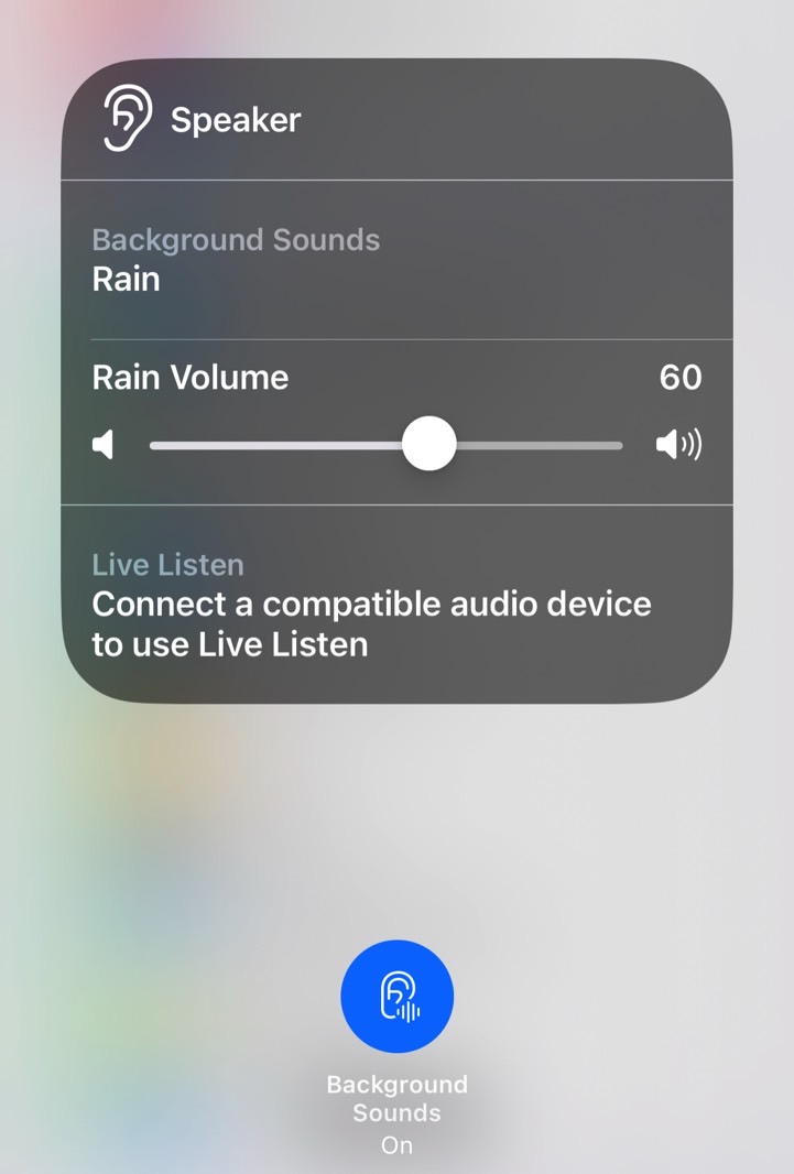 Toggle white noise on and off from the iPhone's Control Center.