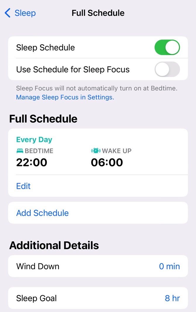 Setting up Bedtime and Wake Up times in the Health app.