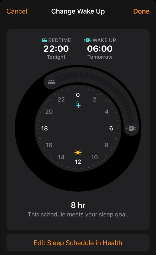 Setting up Bedtime and Wake Up times in the Clock app.