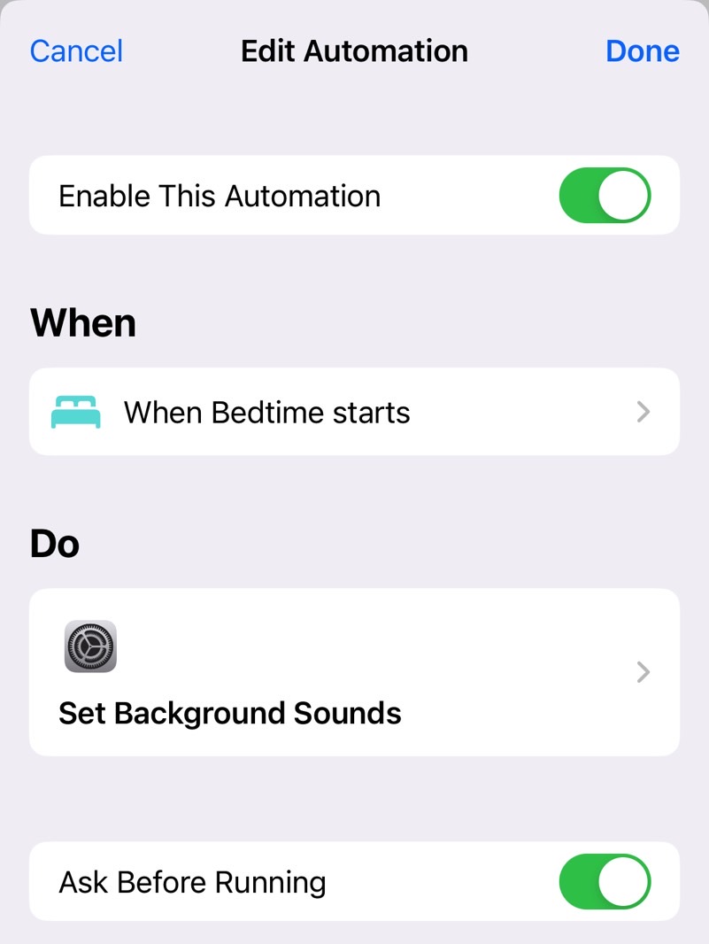Shortcut to start white noise on iPhone when bedtime starts.