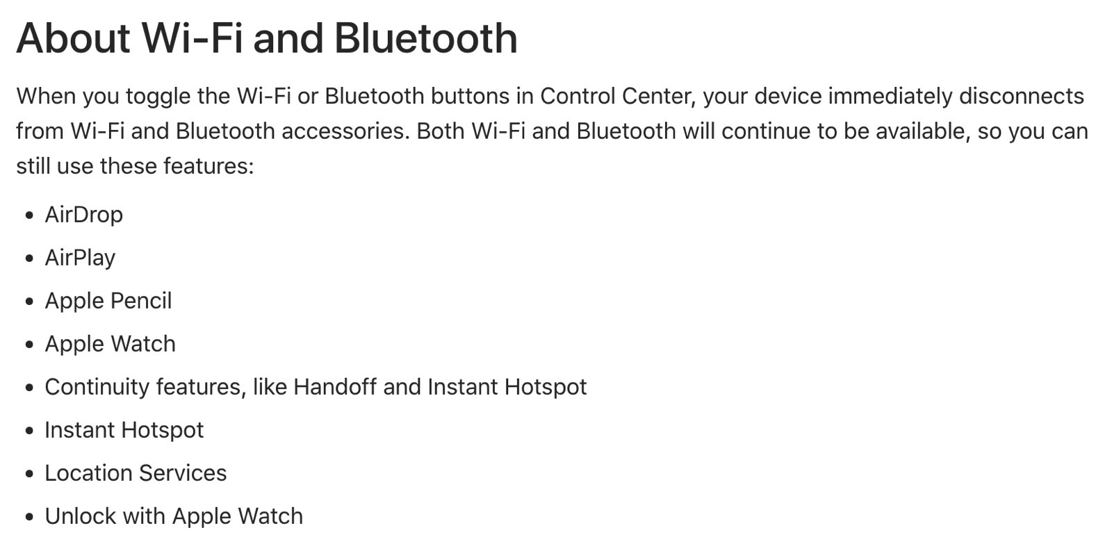 What happens when you turn off Wi-Fi and Bluetooth in Control Center.