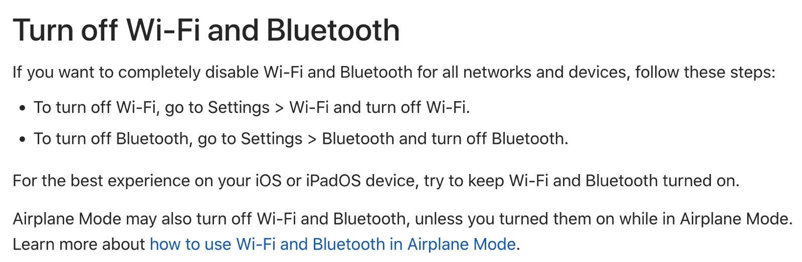 Use the Settings app to turn off iPhone's Wi-Fi and Bluetooth connections for good.